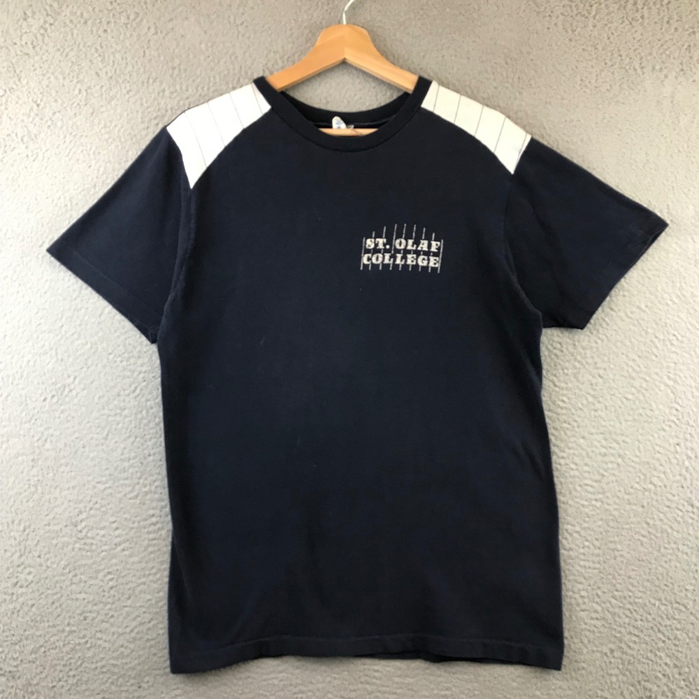 Vintage 80s Champion St Olaf College T Shirt Mens L Blue Cotton Short Sleeve